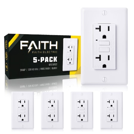Faith 20 Amp 125-Volt GFCI Outlet, White, 5PK GLS-20A-WH-05